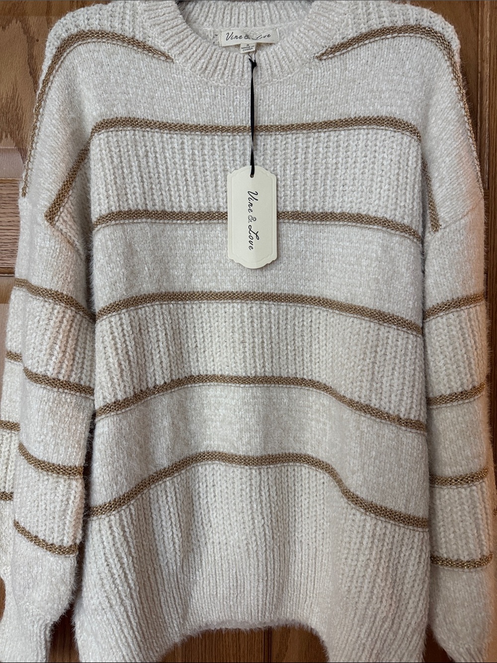Vine & Love Cream and Tan sparkly Striped Crewneck Sweater Oversized Small NEW